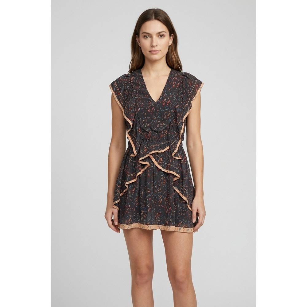IRO Jicka Black Coral Orange Floral 100% Silk Ruffle Mini Dress WM33JICKA 36 NEW
